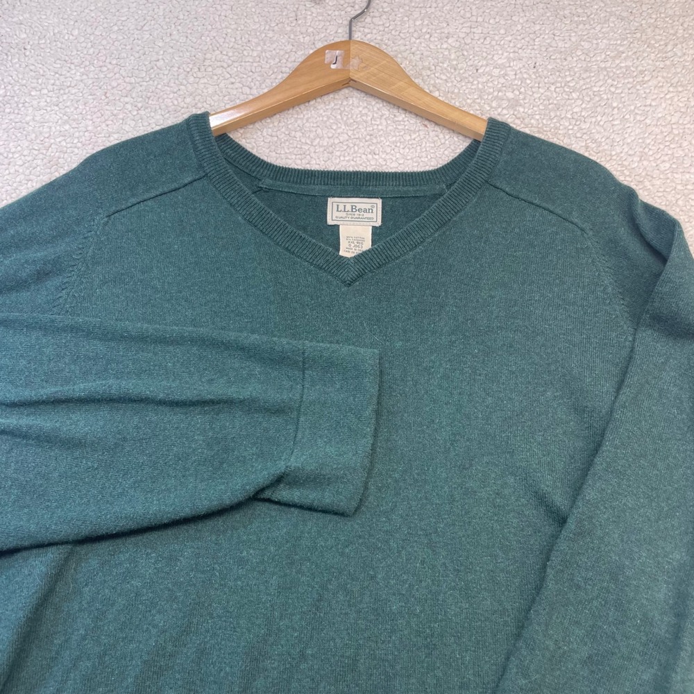 LL Bean Sweater Mens XXL Green Cotton Cashmere V-Neck Pullover Long Sleeve 1462
